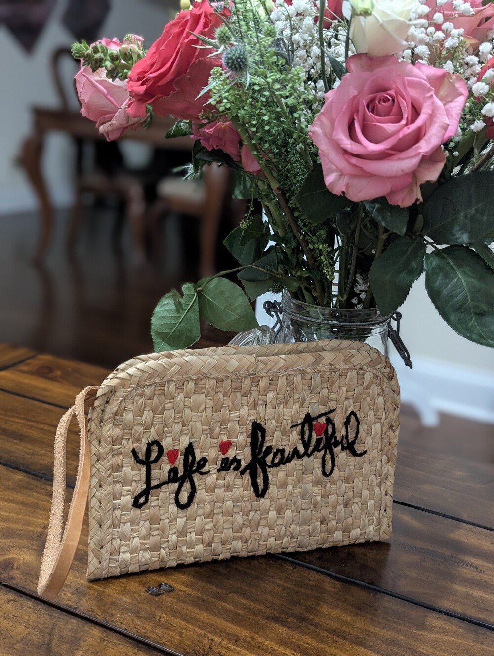 Niña Catrina México Straw Wristlet Pouch Woven Palm Leaf Hand Embroidered